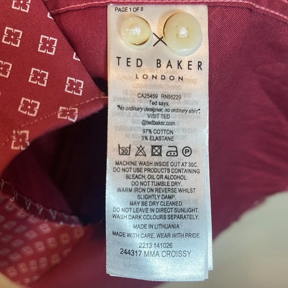 Ted Baker MENS PINK GEOMETRIC FLORAL PRINT STRETCH COTTON SHIRT in pink size 4/L - Picture 9 of 11